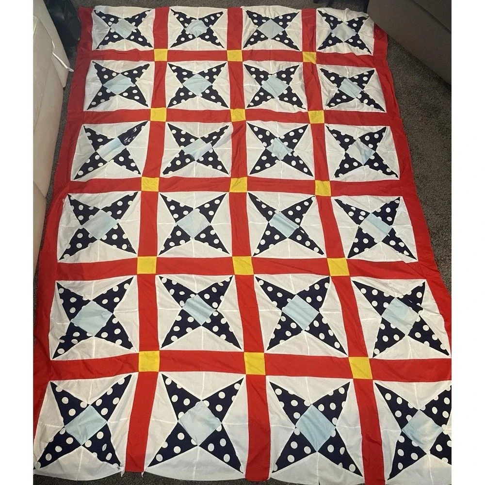 Classic Patriotic Americana Quilt Top 64x90 Modern Farmhouse Boho Red Blue Vivid